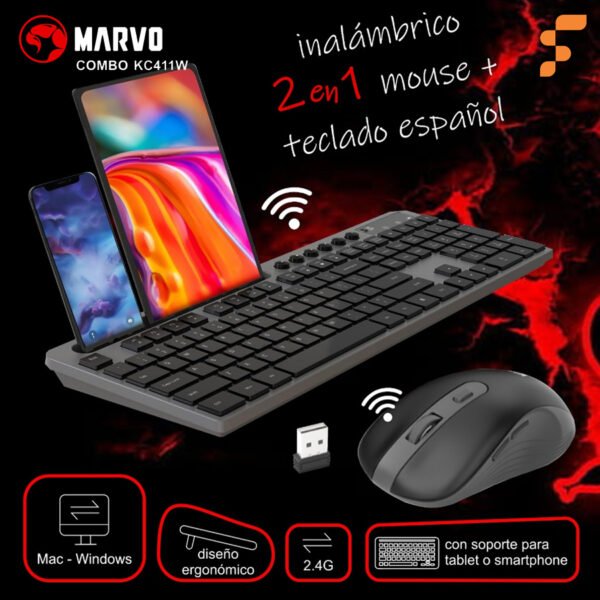 Teclado y Mouse Marvo Inalámbrico KC411W C/Soporte P/Tab Cel